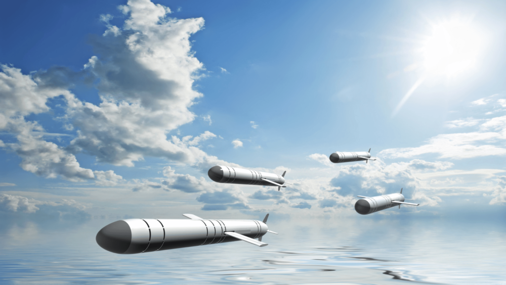 Illustration of missiles soaring above the water